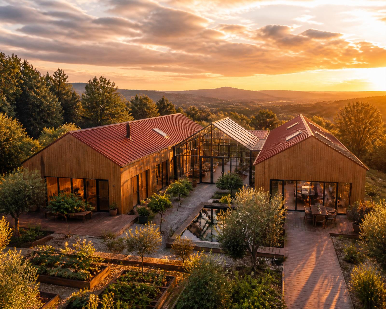 Golden-hour aerial render of the H-shape barndominium with terracotta roofs and cedar cladding