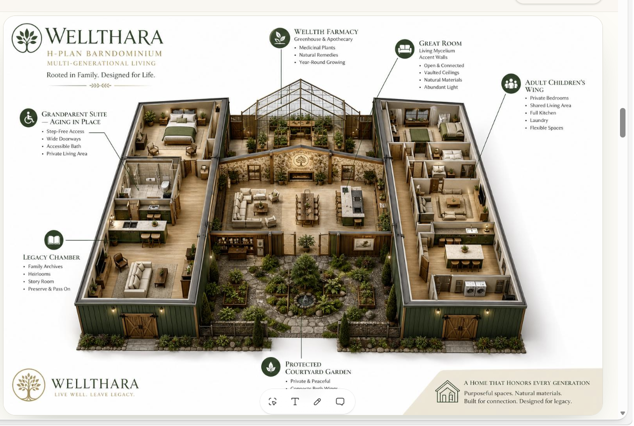 H-Plan barndominium floor plan with the left wing designed as a Grandparent Suite for aging in place