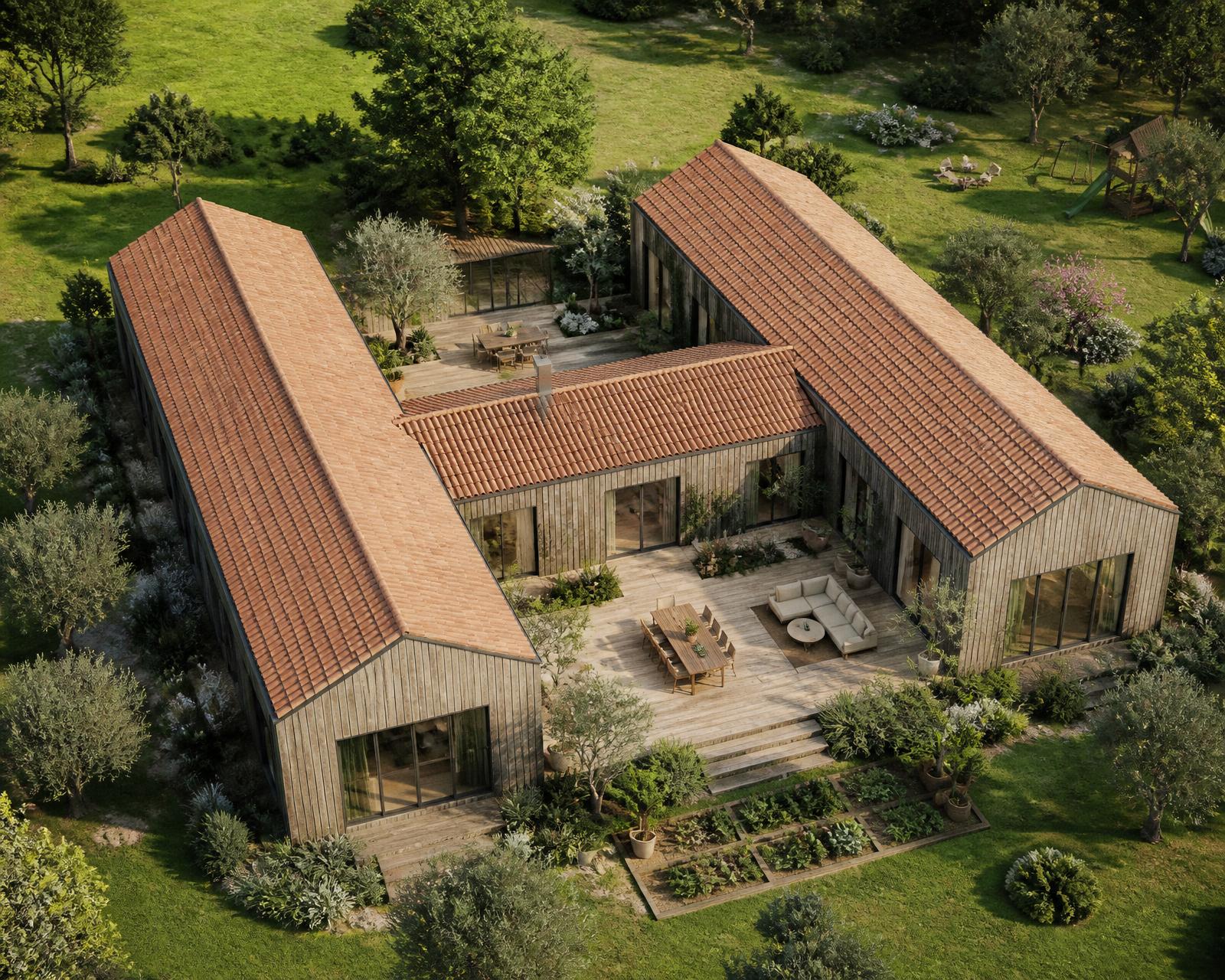 Aerial view of the Wellthara H-shape multi-generational barndominium with living courtyards and gardens