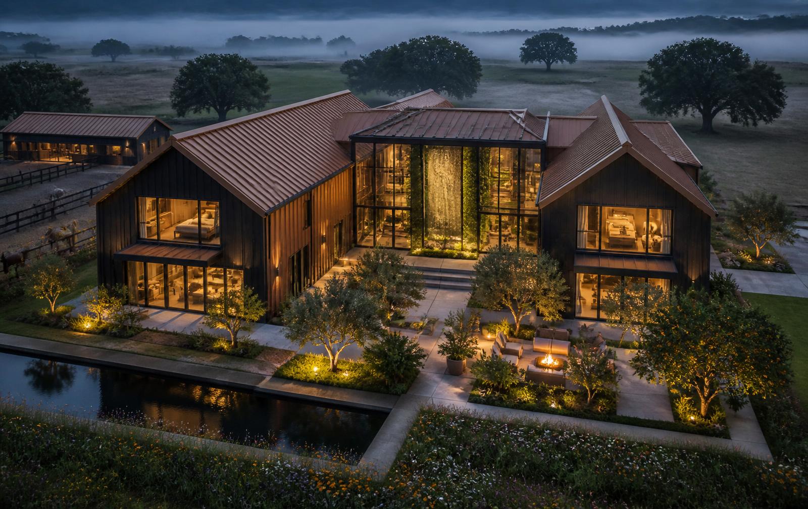 Twilight render of the Wellthara H-shape wellness sanctuary with glowing Biological Core, living walls, and reflecting pool