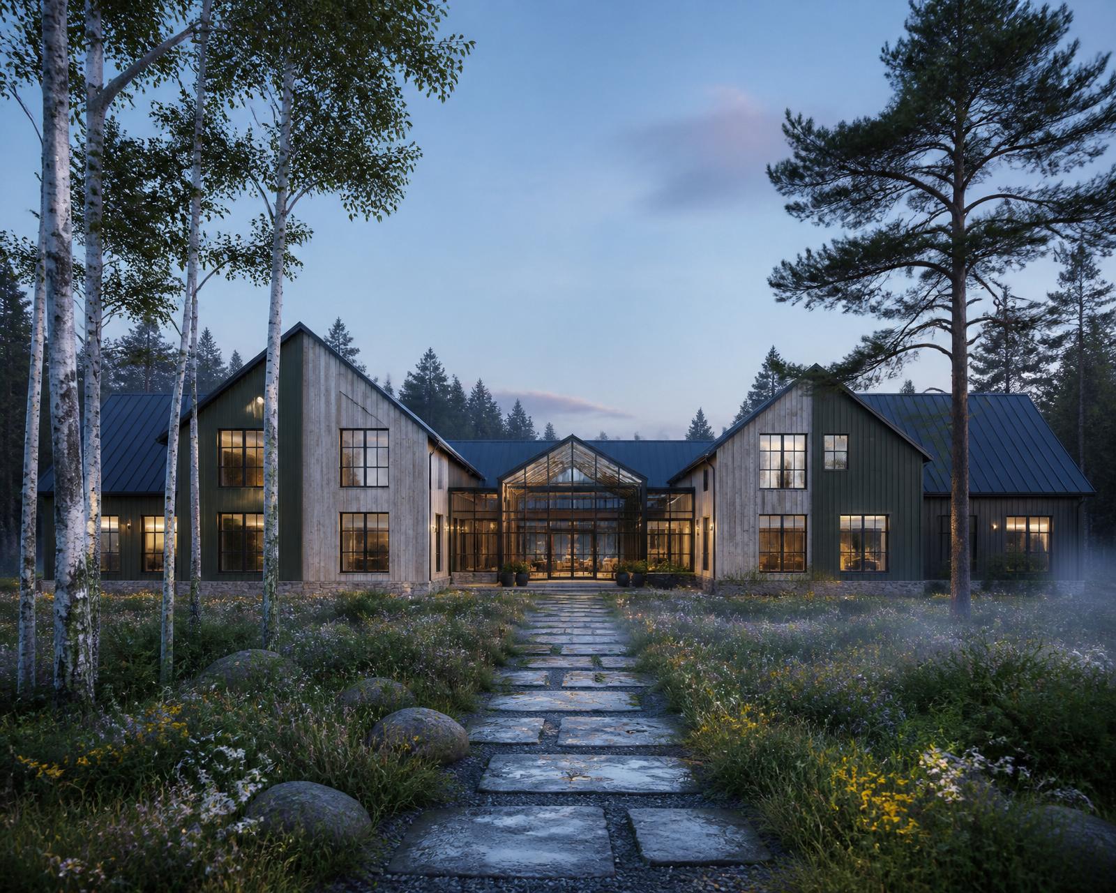 Dawn ground-level render of the H-shape barndominium in charcoal and forest-green tones