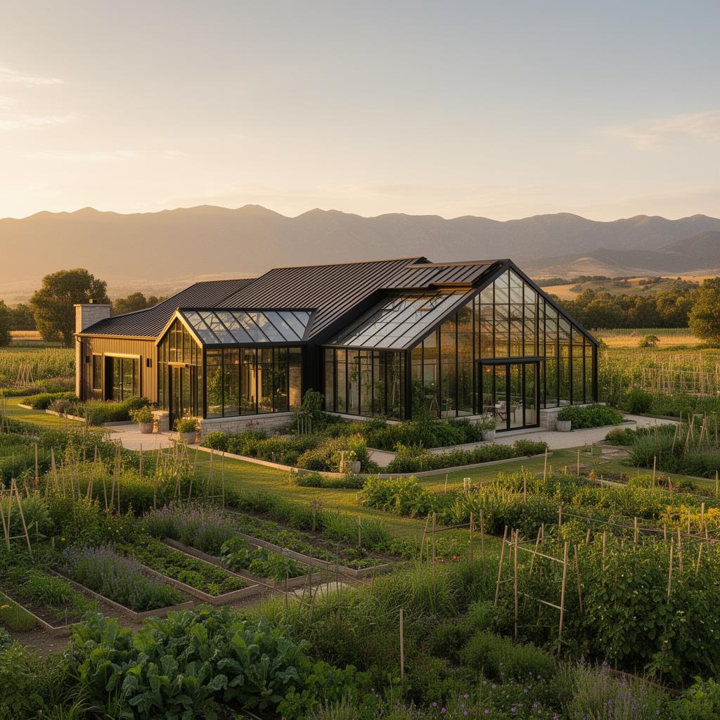 Luxury greenhouse barndominium wellness ranch at golden hour