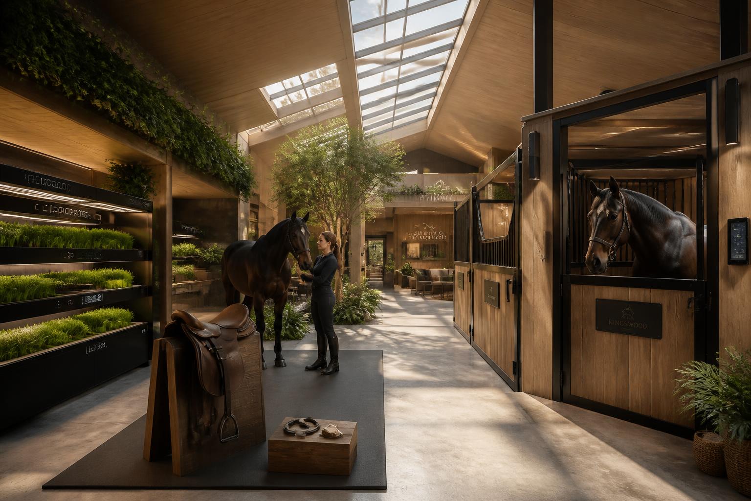 Premium smart equine stable with a hydroponic fodder grow station and natural wood stalls
