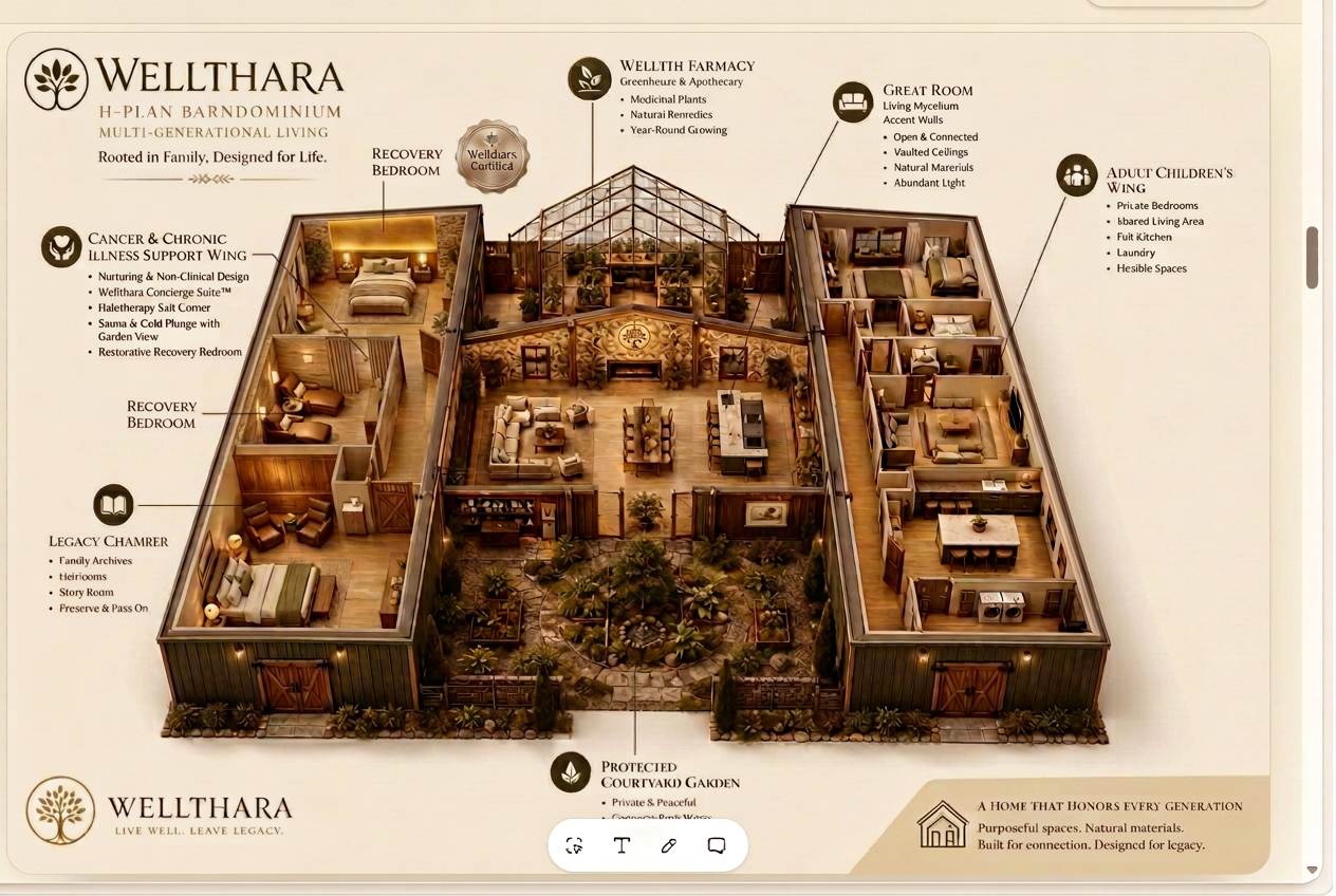 H-Plan barndominium floor plan with the left wing redesigned as a Cancer & Chronic Illness Support Wing