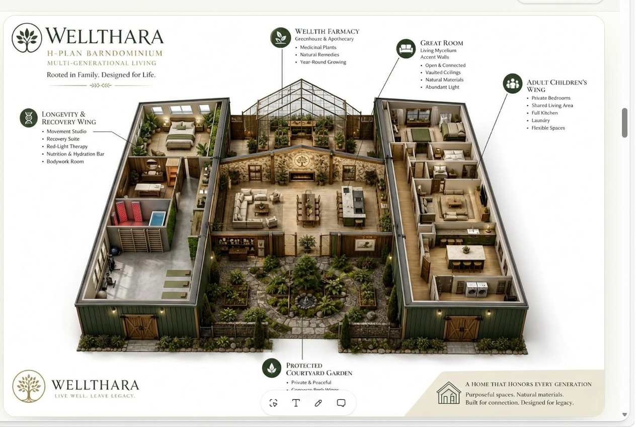 H-Plan barndominium floor plan with the left wing redesigned as a Longevity & Recovery Wing