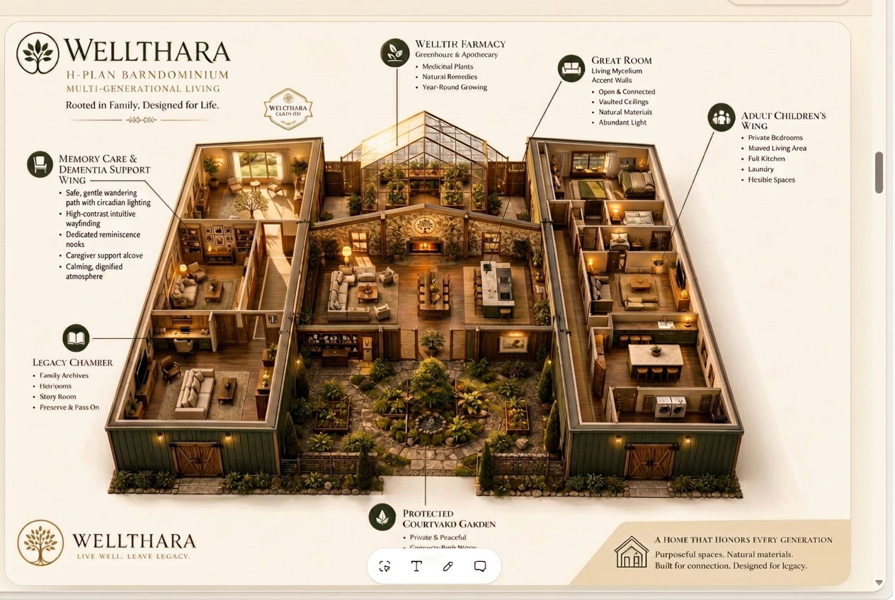 H-Plan barndominium floor plan with the left wing redesigned as a Memory Care & Dementia Support Wing