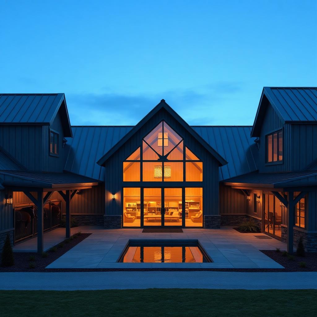 Cool slate and steel-blue exterior render of the Wellthara H-shape wellness sanctuary