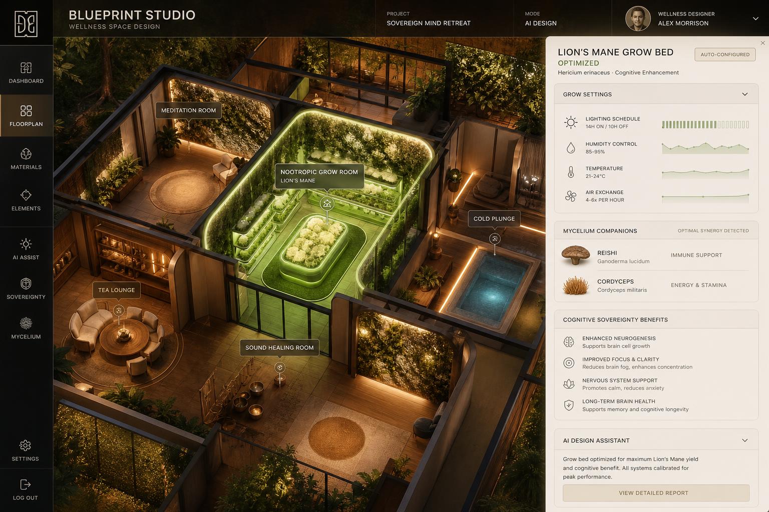 Blueprint Studio 3D floor plan with a Lion's Mane nootropic grow bed glowing and an auto-configuration panel showing optimized grow settings